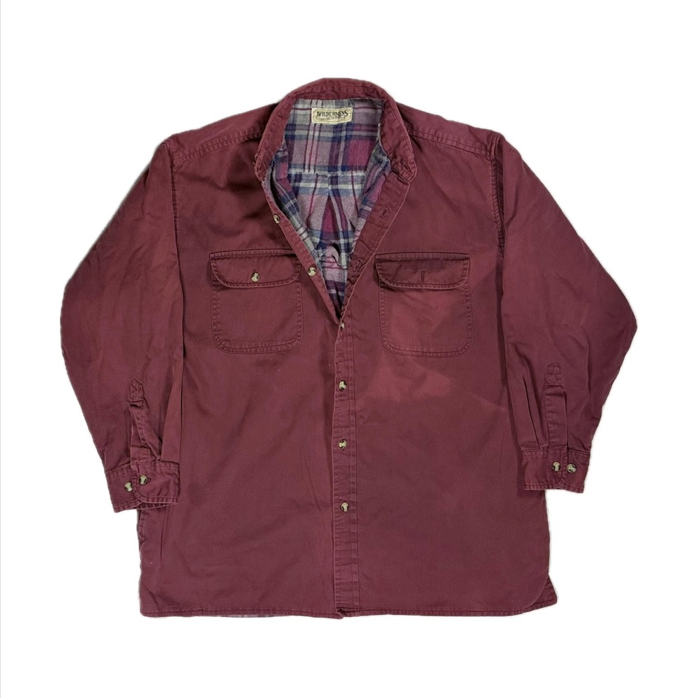 Vintage Wilderness maroon red flannel lined canvas button up shirt mens large